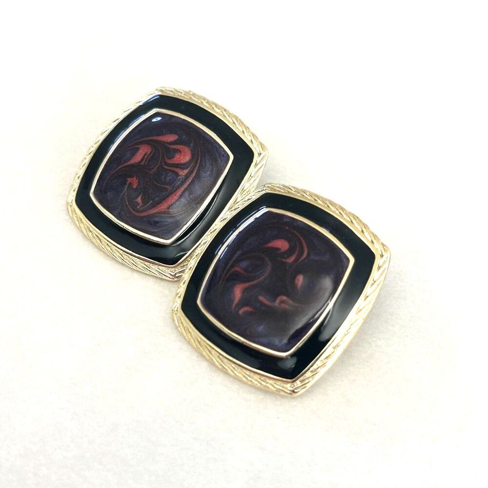 Vintage Enamel Earrings Purple and Pink Swirl Square Earrings